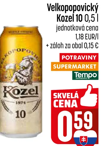 Velkopopovický Kozel 10 pivo výčapné svetlé plechovka