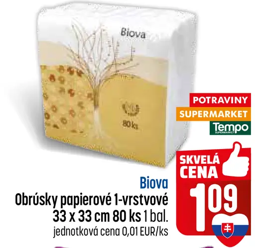 Biova obrúsky papierové 1-vrstvové 33 x 33 cm