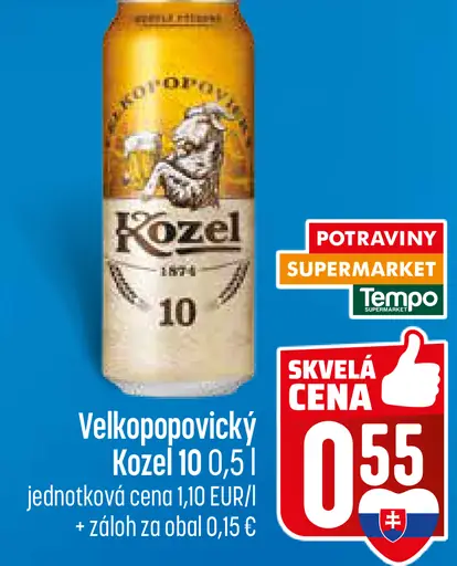 Velkopopovický Kozel 10 pivo výčapné svetlé plechovka