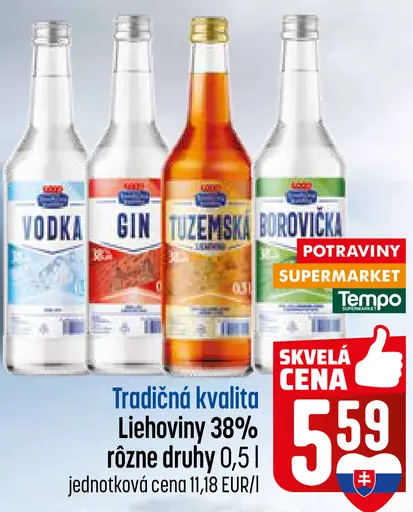Tradičná kvalita liehoviny 38 % rôzne druhy