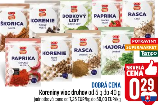 COOP Dobrá cena koreniny viac druhov (škorica, paprika, bobkový list, rasca, majoránka)
