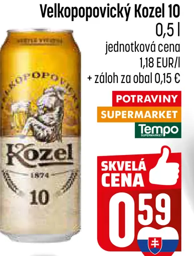 Velkopopovický Kozel 10 pivo výčapné svetlé plechovka
