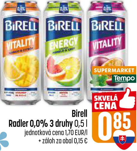 Birell Radler nealkoholické pivo 0,0 % tri druhy