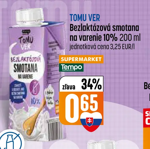 TOMU VER Bezlaktózová smotana na varenie 10%