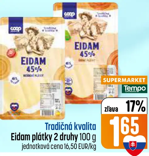 Coop Tradičná kvalita Eidam plátky 45%