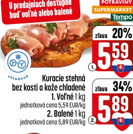 Kuracie stehná bez kosti a kože chladené voľné