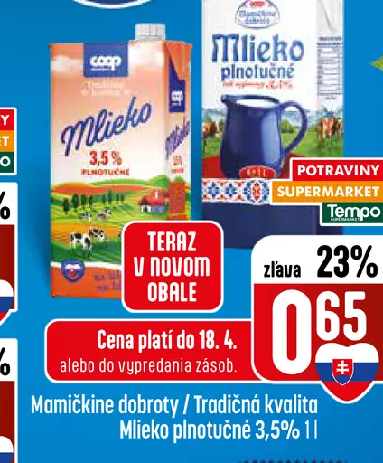 Coop Jednota Mamičkine dobroty mlieko plnotučné 3,5 %