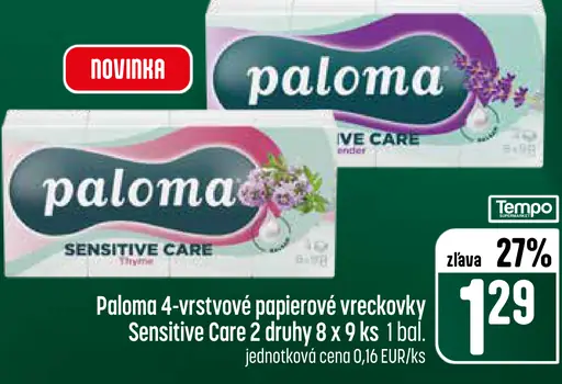 Paloma 4-vrstvové papierové vreckovky Sensitive Care