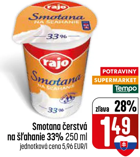 Rajo Smotana čerstvá na šľahanie 33%