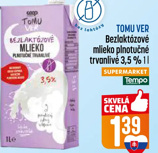 TOMU VER Bezlaktózové mlieko plnotučné trvanlivé 3,5%