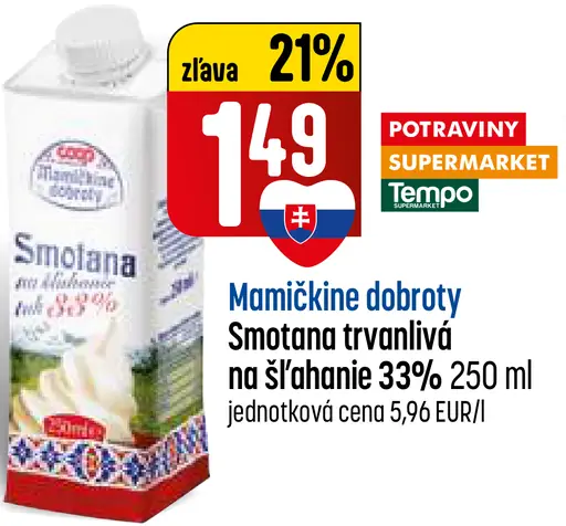 Mamičkina dobroty Smotana trvanlivá na šľahanie 33%