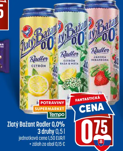 Zlatý Bažant Radler 0,0 % citrón, mäta limetka plechovka rôzne druhy