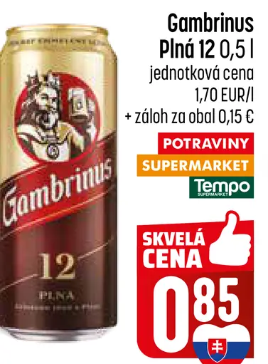 Gambrinus Plná 12 pivo ležiak svetlý plechovka