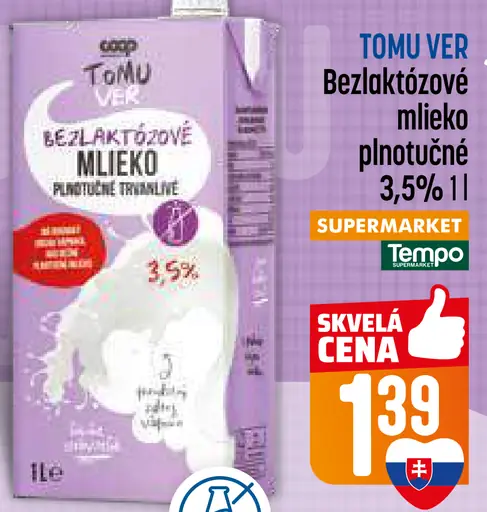 Coop Tomu Ver bezlaktózové mlieko plnotučné trvanlivé 3,5%