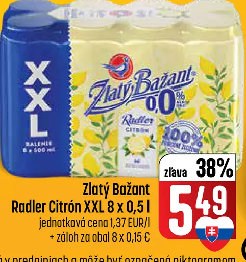 Zlatý Bažant Radler Citron nealkoholické pivo plechovka