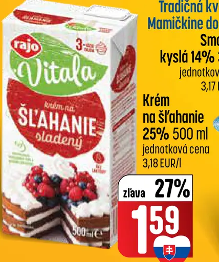 Rajo Vitala smotana na šľahanie sladká 33%