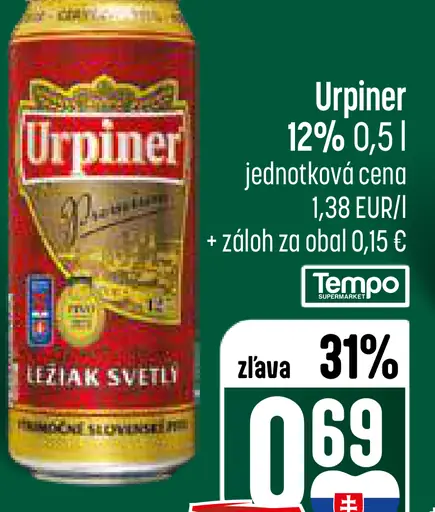 Urpiner ležiak svetlý 12% plechovka
