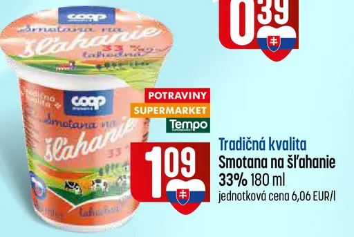 Coop Tradičná kvalita Smotana na šľahanie 33 %