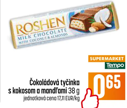 Roshen čokoládová tyčinka s kokosom a mandľami
