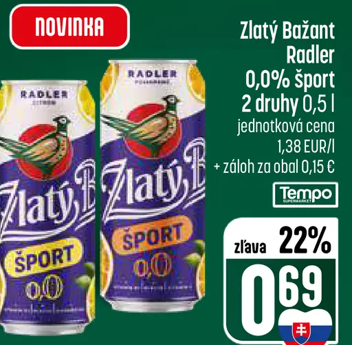 Zlatý Bažant Radler 0,0 % Sport plechovka