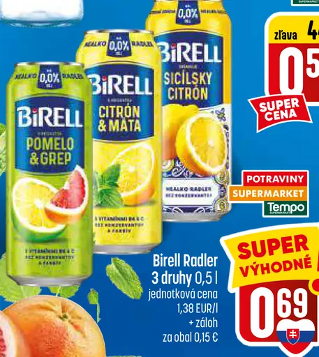 Birell Radler Pomelo & grep / Sicílsky citrón & mäta nealkoholické pivo plechovka