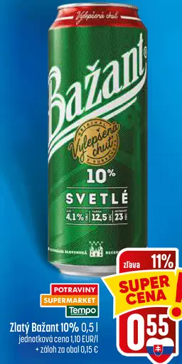 Zlatý Bažant 10% svetlé výčapné pivo plechovka