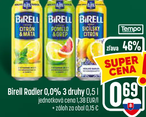 Birell Radler 0,0 % – citrón a mäta, pomelo a grep, sladký citrón, plechovka