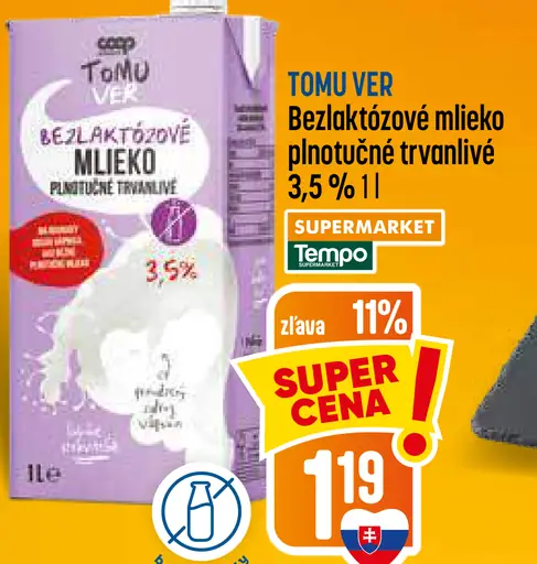 TOMU VER Bezlaktózové mlieko plnotučné trvanlivé 3,5%