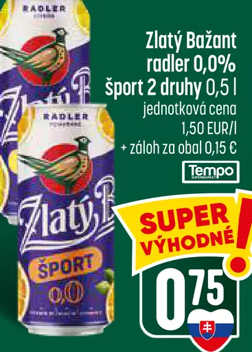 Zlatý Bažant Radler 0,0 % šport, rôzne druhy, plechovka