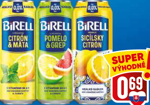 Birell Radler 0,0 % – citrón a mäta, pomelo a grep, sladký citrón, plechovka