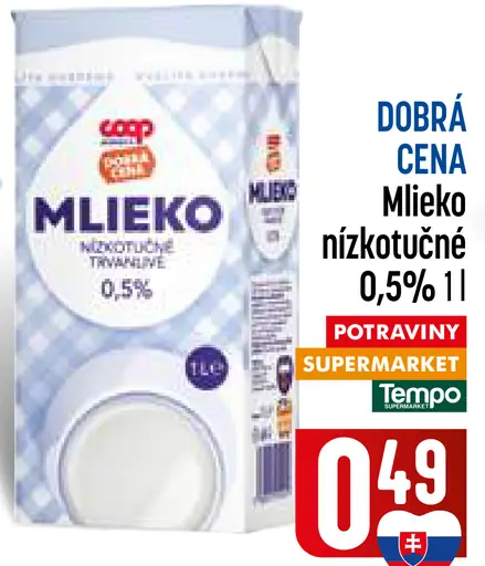 COOP Jednota nízkotučné trvanlivé mlieko 0,5 %