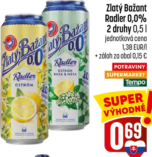 Zlatý Bažant Radler 0,0 % citrón, mäta limetka plechovka rôzne druhy