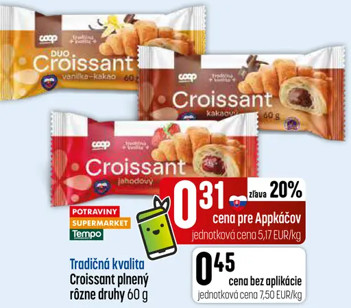 Tradičná kvalita Croissant plnený – vanilka-kakao, kakao a jahoda