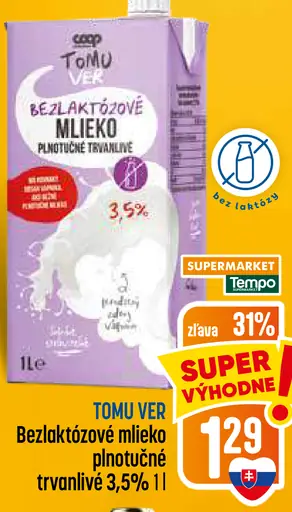 TOMU VER Bezlaktózové mlieko plnotučné trvanlivé 3,5%