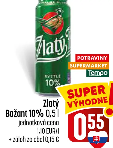 Zlatý Bažant 10% svetlé výčapné pivo plechovka