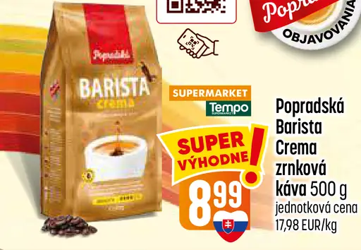 Popradská Barista Crema pražená zrnková káva
