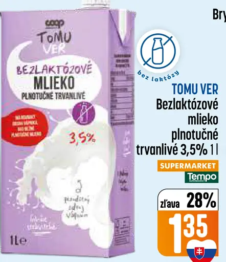 TOMU VER Bezlaktózové mlieko plnotučné trvanlivé 3,5%