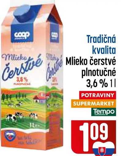 COOP mlieko čerstvé plnotučné 3,6 %