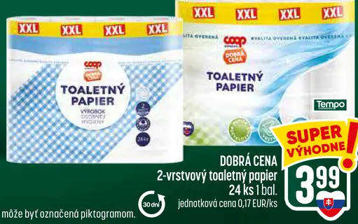 Coop Dobrá cena 2-vrstvový toaletný papier