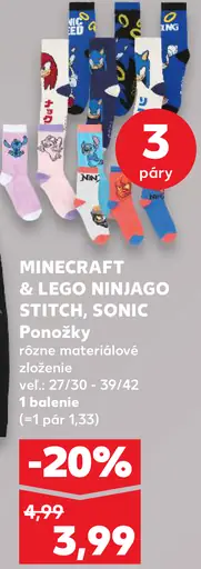 Ponožky Minecraft & LEGO Ninjago Stitch, Sonic