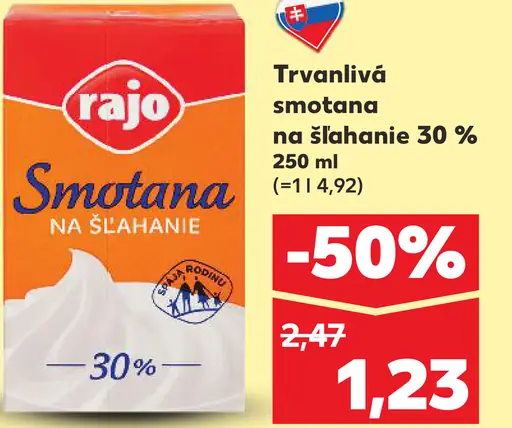 Rajo Trvanlivá smotana na šľahanie 30%