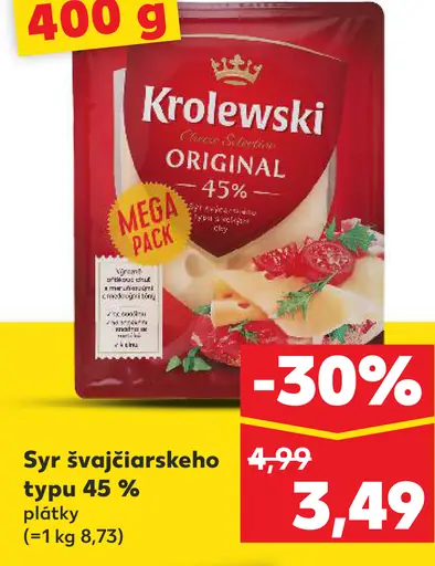 Krolewski syr švajčiarskeho typu 45% plátky