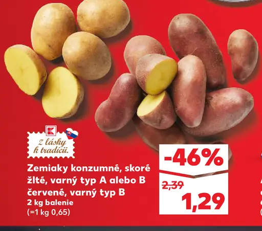 Zemiaky konzumné, skoré žlté, varný typ A alebo B, červené, varný typ B