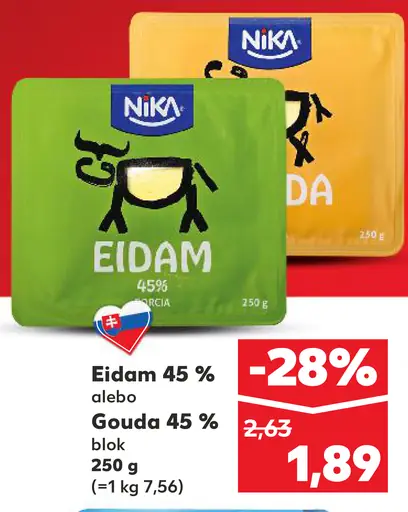 Eidam 45% alebo Gouda 45% blok