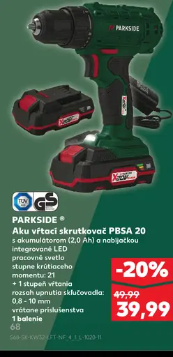 Parkside Aku vŕtací skrutkovač PBSA 20