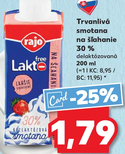 Rajo Trvanlivá smotana na šľahanie 30% delaktozovaná