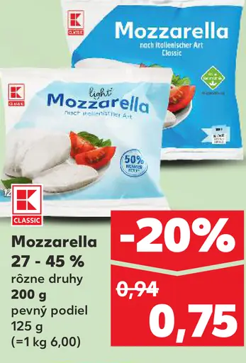 K-Classic Mozzarella 27 - 45% rôzne druhy