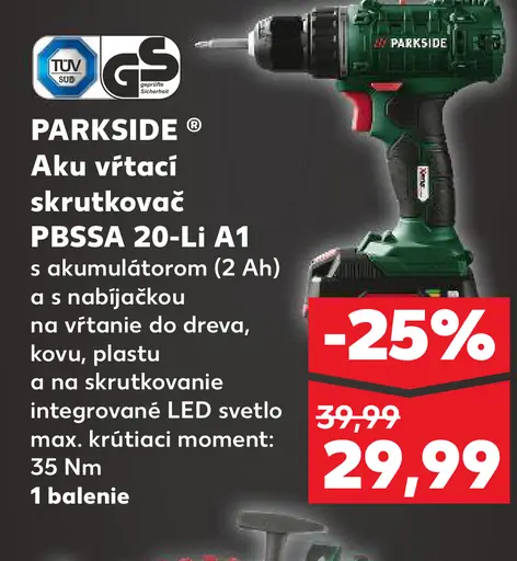 Parkside Aku vŕtací skrutkovač PBSSA 20-Li A1