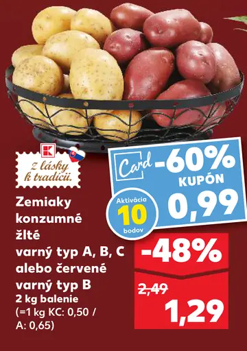 Zemiaky konzumné, skoré žlté, varný typ A alebo B, červené, varný typ B