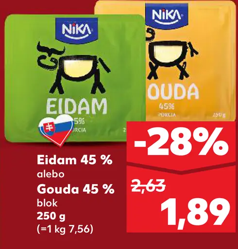 Eidam 45% alebo Gouda 45% blok
